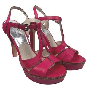 Michael Kors Heels Women's Size 7M‎ Camilia Pink Leather T-Strap Platform